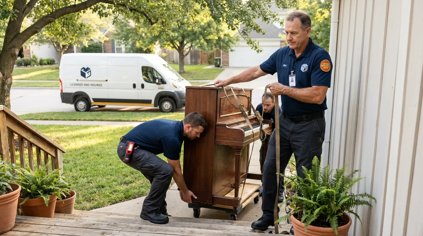 Licensed piano movers securing grand piano in Cockeysville, MD