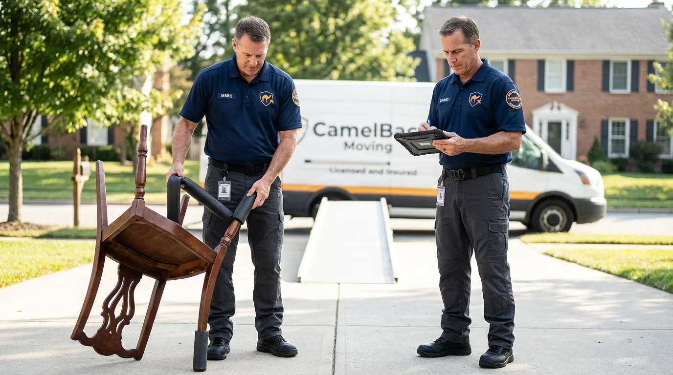 Movers inspecting furniture for damage prevention before loading in Cockeysville, MD