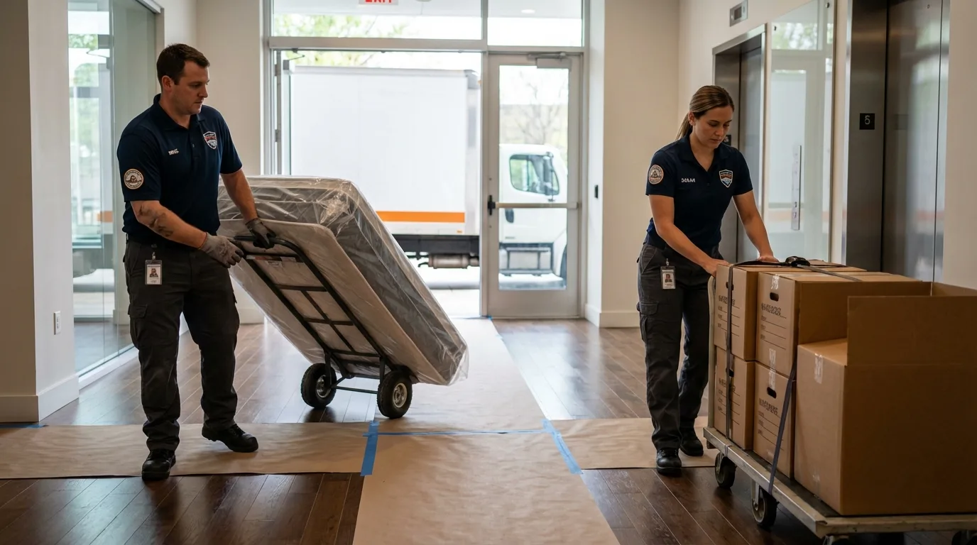 Professional apartment movers loading elevator in Cockeysville, MD